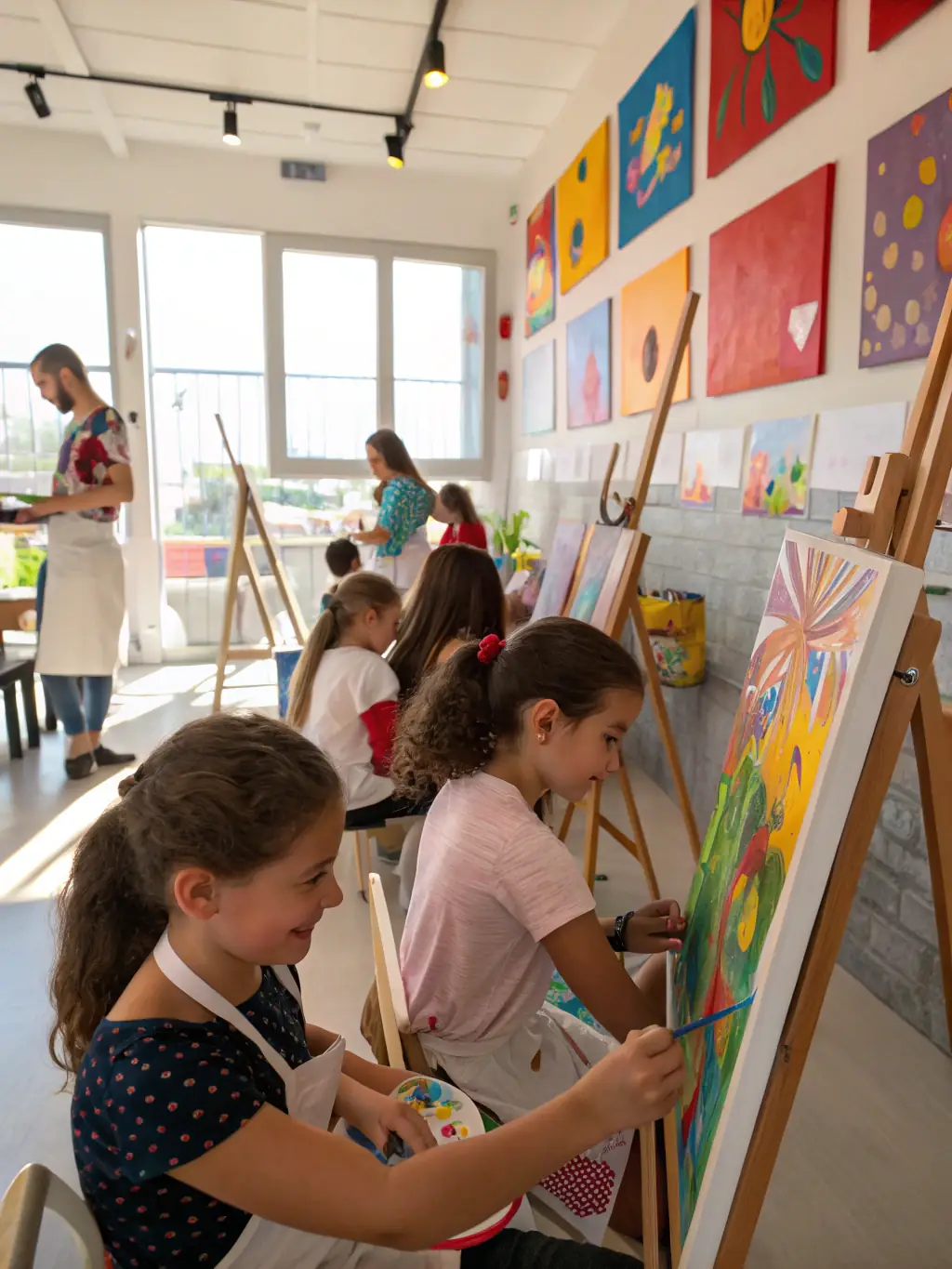 A vibrant image of students painting with acrylics on canvas, showcasing a variety of colors and techniques, in a painting lesson at Atelier Koloru.