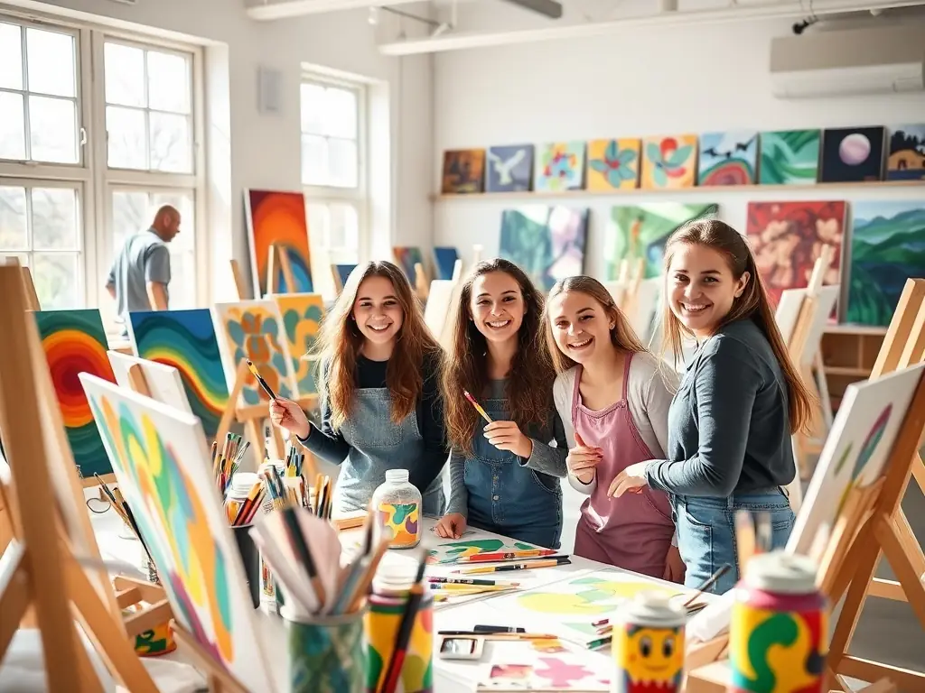 An engaging image of participants in a weekend workshop, focusing on a specific art technique or theme, with the instructor providing guidance.