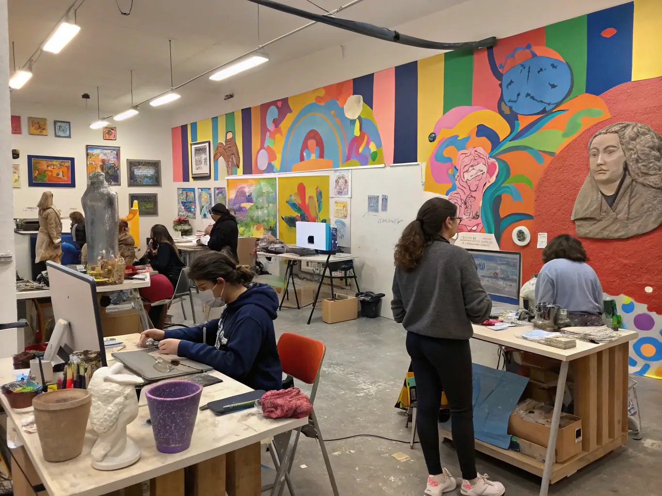 A colorful image of students working on different painting projects, showcasing various styles such as watercolor, acrylic, and oil.