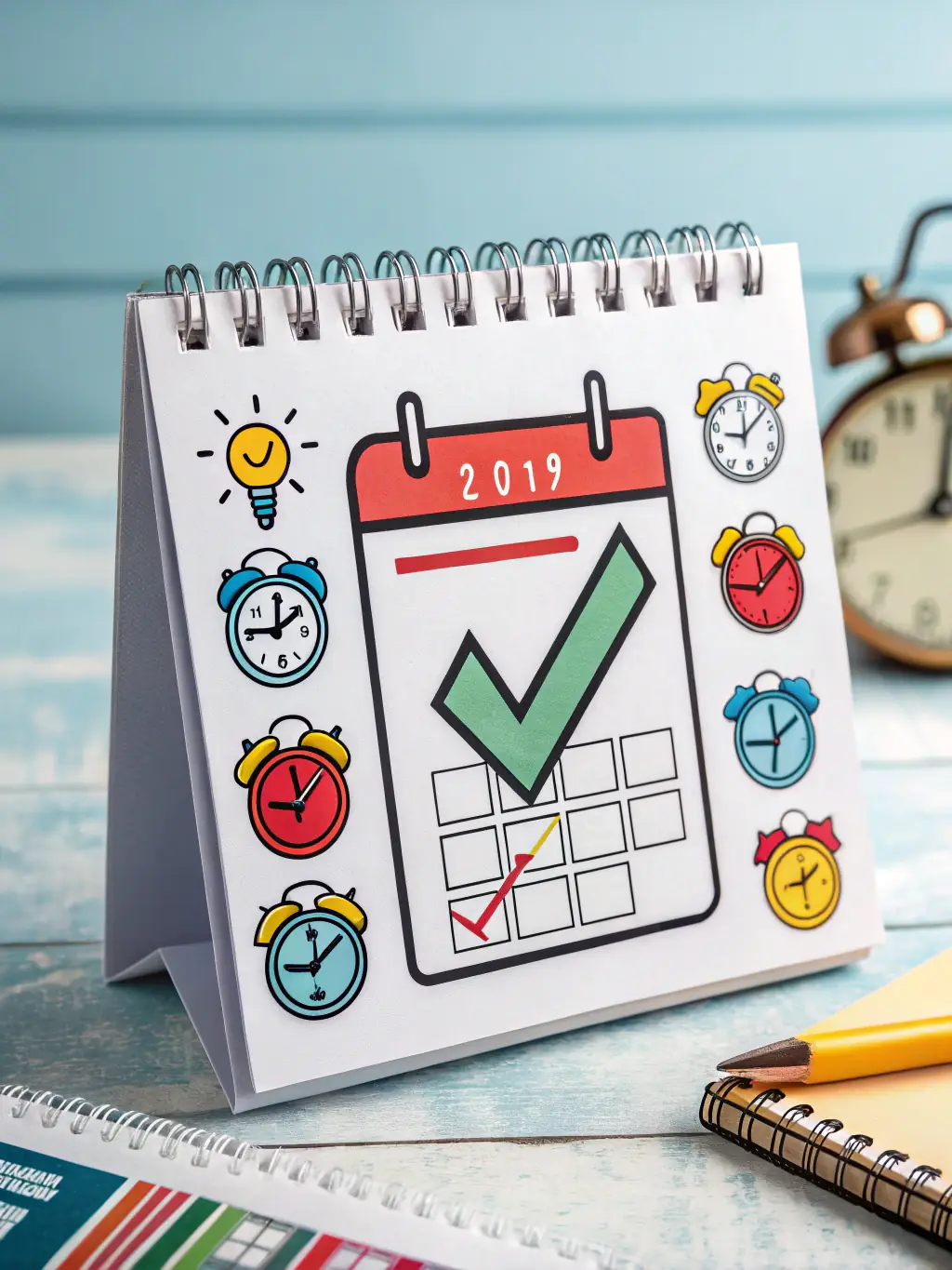 A calendar icon with paintbrushes and pencils, symbolizing the schedule of art classes at Atelier Koloru.