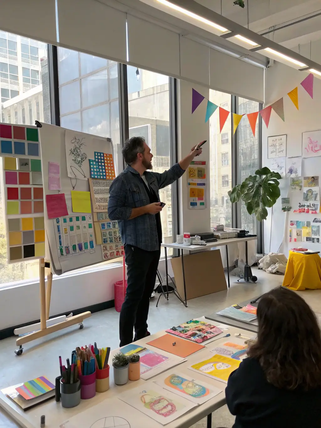 A photograph of a painting instructor demonstrating brush techniques during a painting lesson at Atelier Koloru.