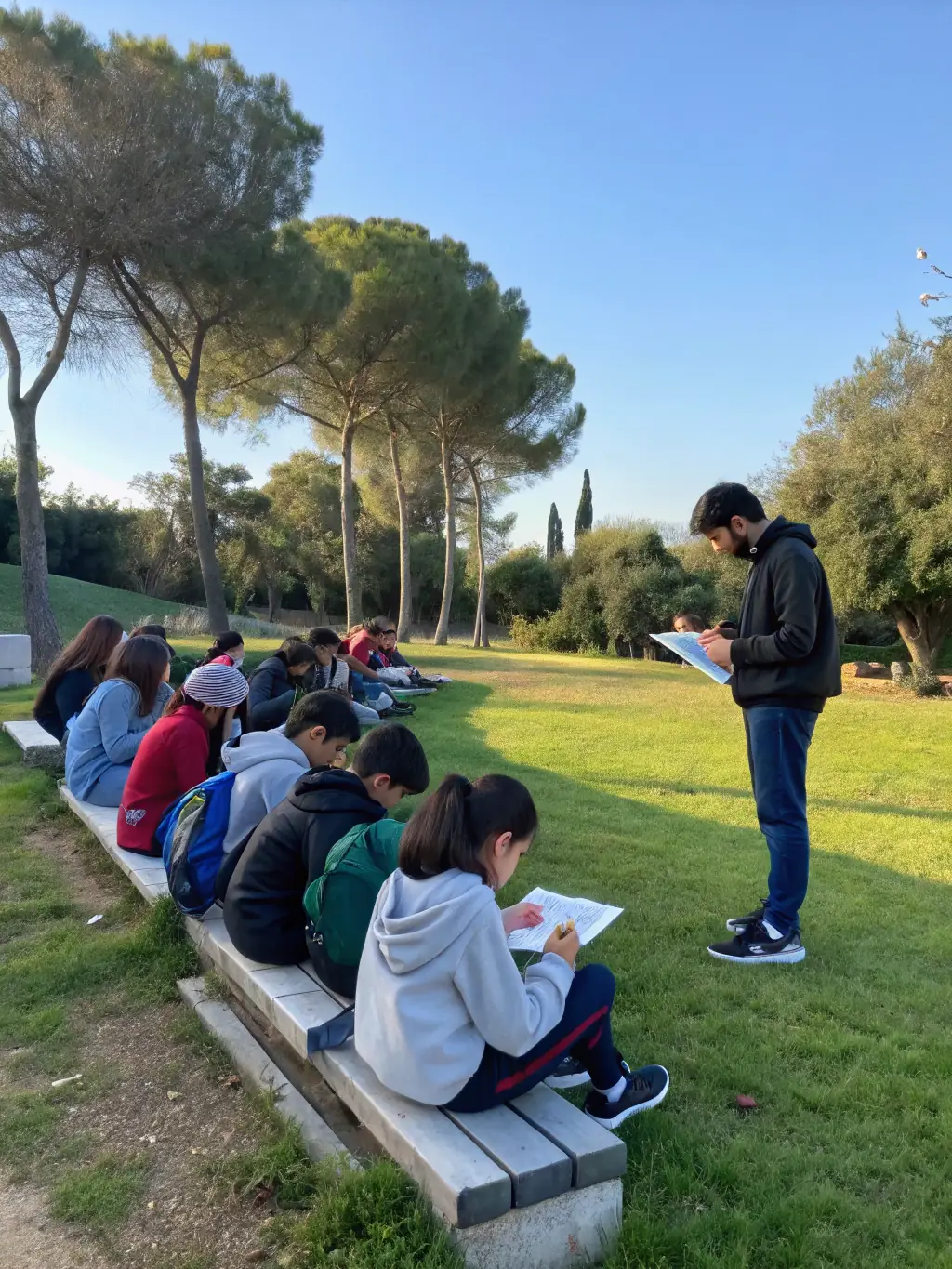 A group of students participating in a weekend watercolor workshop, painting landscapes outdoors.